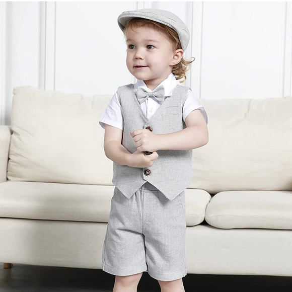 Baby/Toddler Boy Wedding Formal Gentleman Shorts Suit Set Grey Ring Bearer - Picture 2 of 6